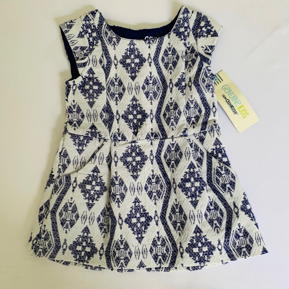 Genuine Kids OshKosh Dress‎ Girls 12M Blue White Ikat Geometric Boho Sleeveless